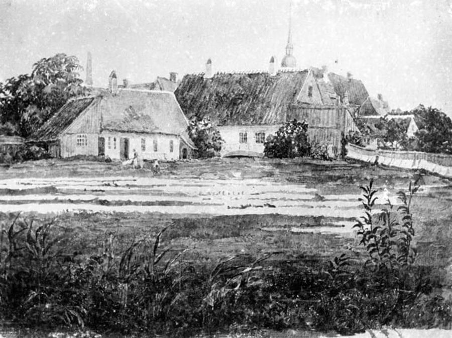 Billede som viser udsigten fra Bispetorvet over Aarhus Å mod Blegdammen og Vor Frue Kirke. Efter akvarel af Bertha Weis, 1860, Den Gamle By.