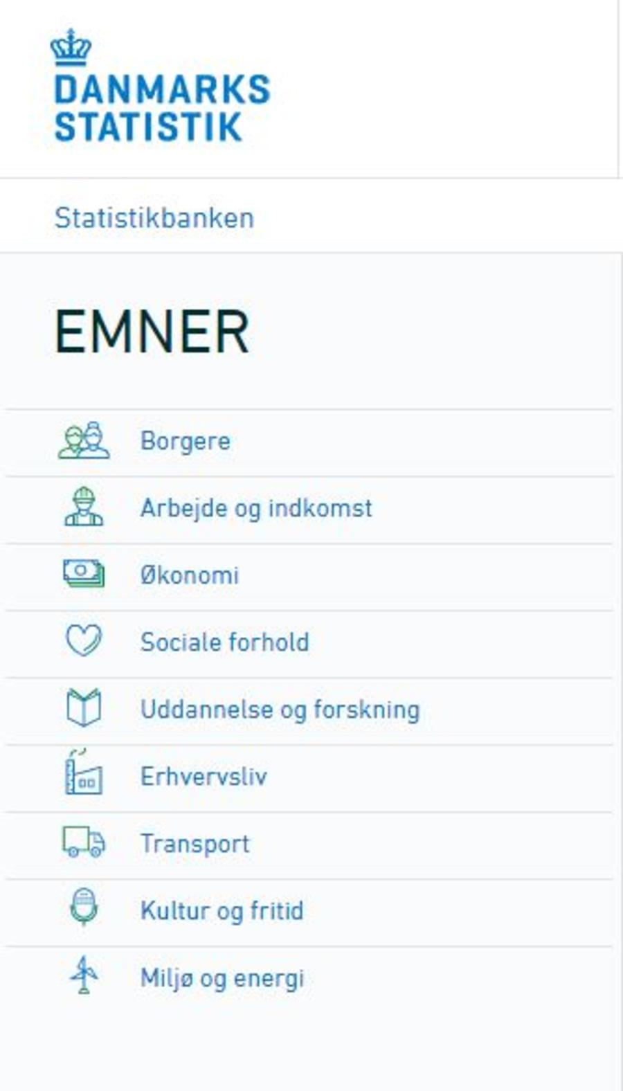 Klip fra statistikbankens oversigt