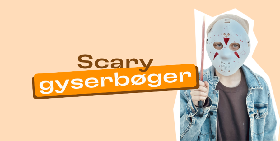 Barn med maske og teksten: Scary gyserbøger